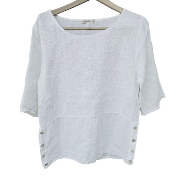 Lungo L' Arno Med White Floral Embroidered 100% Linen Tunic Italy Lagenlook - Picture 1 of 11